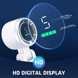 AlphaCool portable fan showing HD digital display with wind speed and battery power indicators