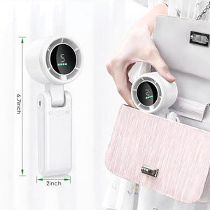 AlphaCool portable white handheld fan with digital display showing dimensions of 6.7 inches by 2 inches