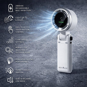 AlphaCool handheld fan with digital display and feature list including battery life and speed settings