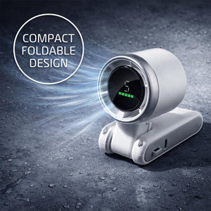 AlphaCool white foldable portable fan with digital display showing speed level