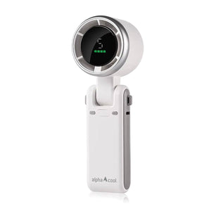 AlphaCool handheld portable fan with digital display showing speed and battery level