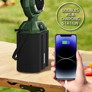 AlphaCool portable fan charging a smartphone via USB cable