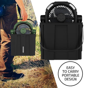 AlphaCool portable fan with handle being carried outdoors