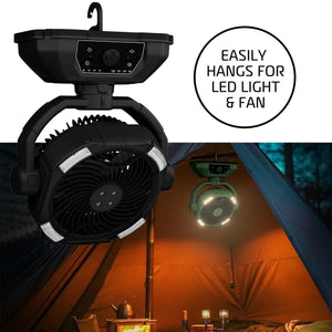 AlphaCool portable camping fan with integrated LED lights hanging inside a tent