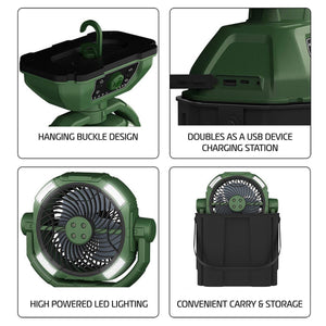 AlphaCool portable fan features hanging buckle, USB charging port, LED lights, and compact storage design