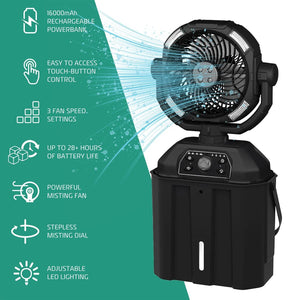 AlphaCool portable misting fan with rechargeable powerbank and LED lighting features