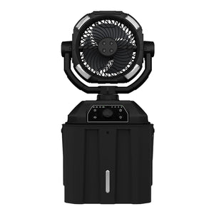 AlphaCool black portable fan with integrated LED lights and control panel on base