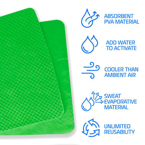 Green PVA cooling towel with infographic icons explaining absorbent material and evaporative cooling features
