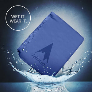 Blue AlphaCool cooling towel splashing into water