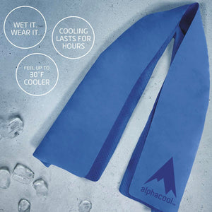 Blue Alphacool cooling towel with text overlay explaining wet and wear instructions and cooling benefits
