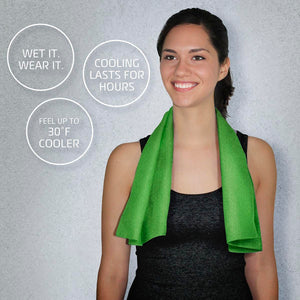 Woman wearing a green AlphaCool cooling towel with text overlays explaining product benefits
