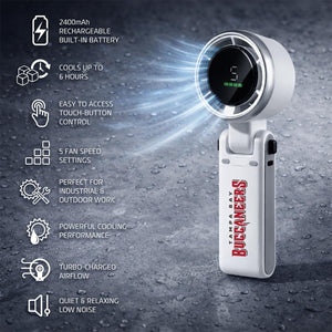 Tampa Bay Buccaneers handheld fan with digital display and eight listed product features
