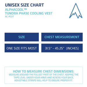 Alphacool Tundra phase cooling vest unisex size chart showing one size fits most for chest measurements 31.5 to 45.25 inches