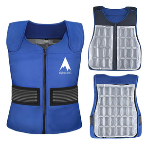 AlphaCool blue cooling vest with front zipper and interior ice pack inserts