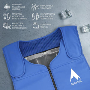 AlphaCool blue cooling vest with phase change material features and benefits list