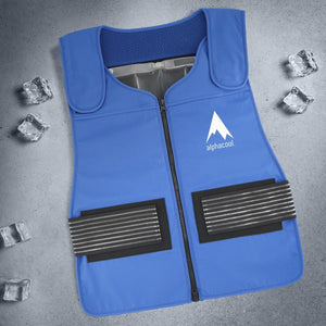 Blue Alphacool cooling vest with adjustable side straps and internal ice pack inserts