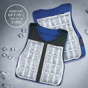 AlphaCool cooling vest with clear ice pack inserts on a grey background