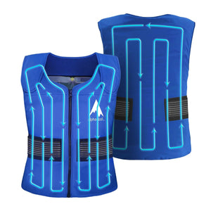 AlphaCool blue cooling vest showing internal circulation channels with arrows