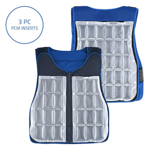 Blue cooling vest with three removable silver PCM inserts