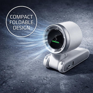 White portable handheld fan with digital display and foldable design