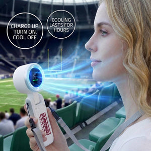 AlphaCool handheld fan with Washington Commanders logo held by a woman in a stadium
