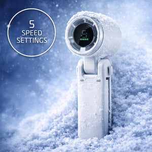 AlphaCool handheld fan with digital display showing 5 speed settings in snowy environment