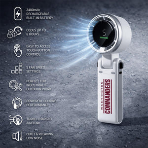 AlphaCool Washington Commanders handheld fan with feature list including battery life and speed settings