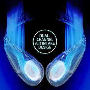 Neck fan with dual channel air intake design and blue light airflow visualization