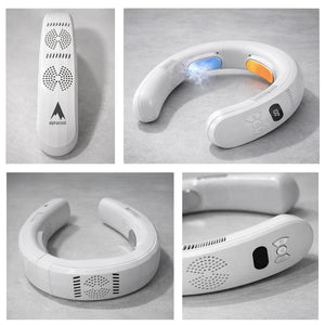 AlphaCool white wearable neck fan with digital display and cooling plates