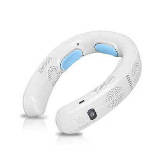AlphaCool white wearable neck fan with blue cooling plates and digital display