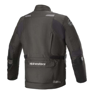 Back view of black Alpinestars motorcycle jacket with reflective details