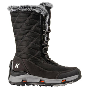 Korkers black waterproof winter boot with faux fur trim and grey midsole