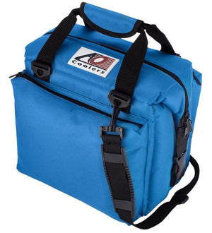 Blue AO Coolers soft sided cooler bag with black handles and shoulder strap