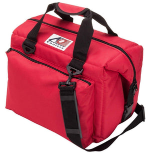Red AO Coolers soft sided cooler bag with black handles and shoulder strap