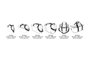AO Coolers size chart showing dimensions and capacity for six different cooler bag models