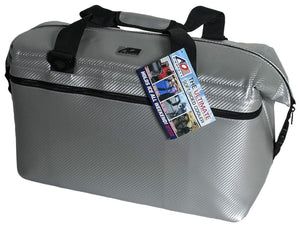 AO Coolers silver soft sided cooler with black handles and product tag