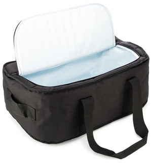 AO Coolers black soft sided cooler bag with open lid showing light blue insulated interior