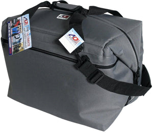 AO Coolers grey soft sided cooler bag with black shoulder strap and product tags