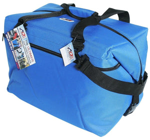 Blue AO Coolers soft-sided cooler bag with black handles and zipper