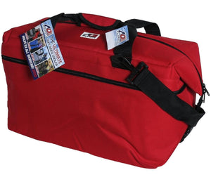 Red AO Coolers soft sided cooler with black handles and shoulder strap