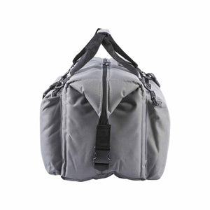 Side view of a grey AO Coolers soft cooler bag with black straps and buckles