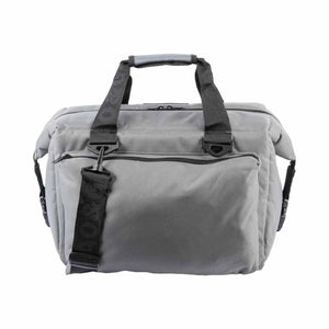 AO Coolers grey soft sided cooler bag with black handles and shoulder strap