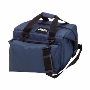 AO Coolers navy blue soft sided cooler bag with black handles and shoulder strap
