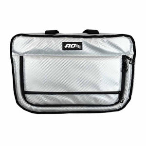 AO Coolers silver carbon fiber pattern soft cooler bag with black trim and handles