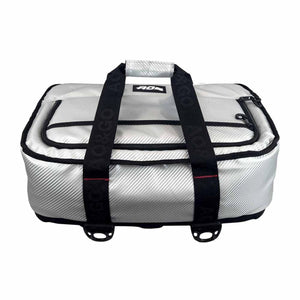 AO Coolers silver soft sided cooler bag with black straps and zipper pockets