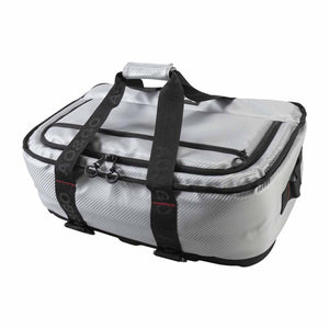 AO Coolers silver soft sided cooler bag with black straps and zipper closures