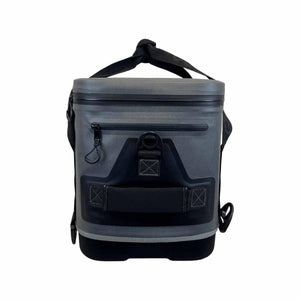 Grey and black insulated soft cooler bag with top handle and front zipper pocket