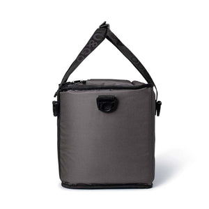 Grey insulated lunch bag with black strap and zipper closure