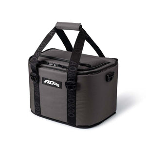 AO Coolers grey soft sided cooler bag with black carry straps and logo patch
