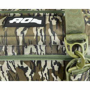AO Coolers camo pattern soft cooler bag with green strap and logo patch